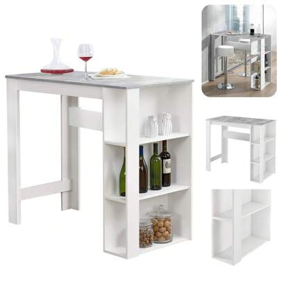 Mesa de Bar con 3 Nichos con Almacenamiento Lateral, , Mesa Auxiliar de Comedor, Mesa de Bar Estrecha Rectangular, para Sala de Estar Fiesta, Café Rústico(Blanco, 120*60*105,5 cm)
