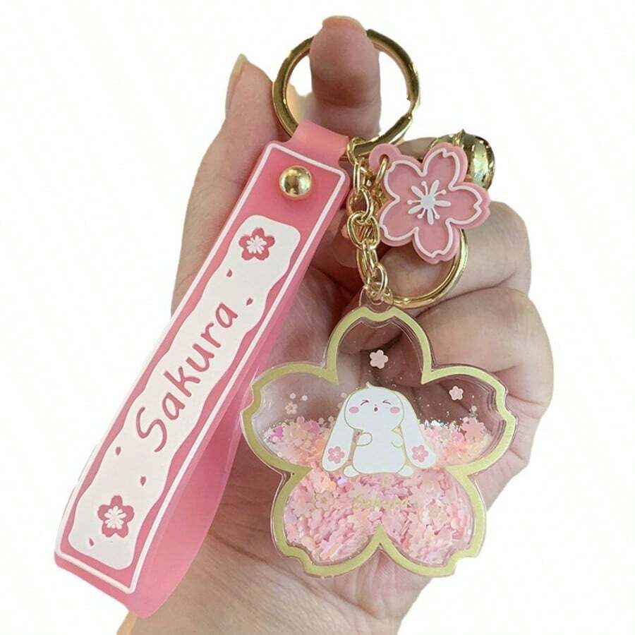 1pc Cherry Blossom Sequin Liquid Keychain, Creative Keyring, Girly Car Key Chain, Backpack Accessory, Gift - Multicolor - View 1