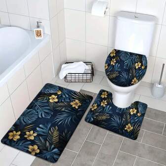 Juego de 3 piezas de alfombras de baño de lujo de franela con estampado de flores, que incluye alfombra de baño, alfombra contorneada y tapa de inodoro