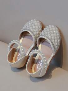 女童珍珠水钻装饰公主凉鞋，时尚闭趾防滑沙滩鞋，2026春夏款 - 米色 - 查看 4