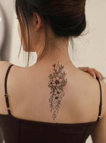 Cyan sea 1pc Black Vintage Floral Temporary Tattoo, Personalized Semi-Permanent Waterproof, Sweatproof Tattoo Sticker, Suitable For Fashion People - Black - View 3