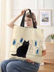 Cat Pattern Double-Sided Printed Linen Shoulder Tote Bag Shopping Bag Shoulder Bag Casual Travel Beach Bag Large Capacity Reusable Shoulder Shopping Bag