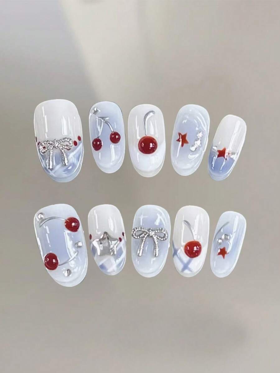 10 chiếc móng tay giả hình oval ngắn họa tiết quả anh đào 3D dễ thương thủ công kiểu Pháp, có thể tái sử dụng, dụng cụ làm móng - Xanh và trắng - Xem 1