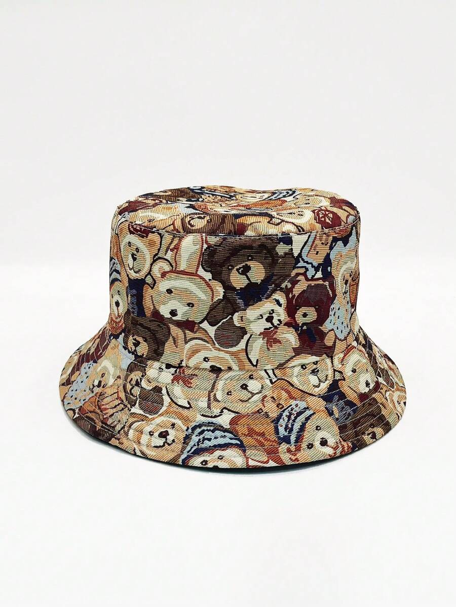 1pc Spring & Summer Unisex Cartoon Bear Print Bucket Hat, New Fashion Versatile Sun Protection Round Hat, Suitable For Daily Use