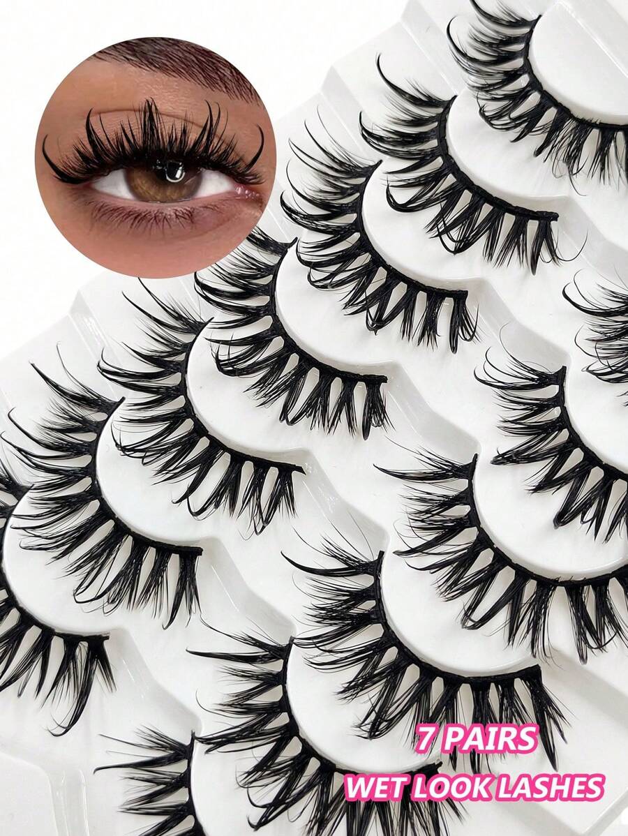7 Pairs Asiteo 3D Wet Look False Eyelashes, Natural Curly & Thick Curly, Suitable For Cosplay, Cartoon Makeup, Reusable - Spiky Manga Lashes - View 1