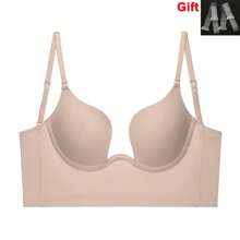 Backless Women Push Up Bra Super Boost Sexy Deep U Plunge Bra Invisible Underwear Body Shaper Shapewear Gathering Low Back With Transparent Shoulder Straps - 米色 - 查看 10