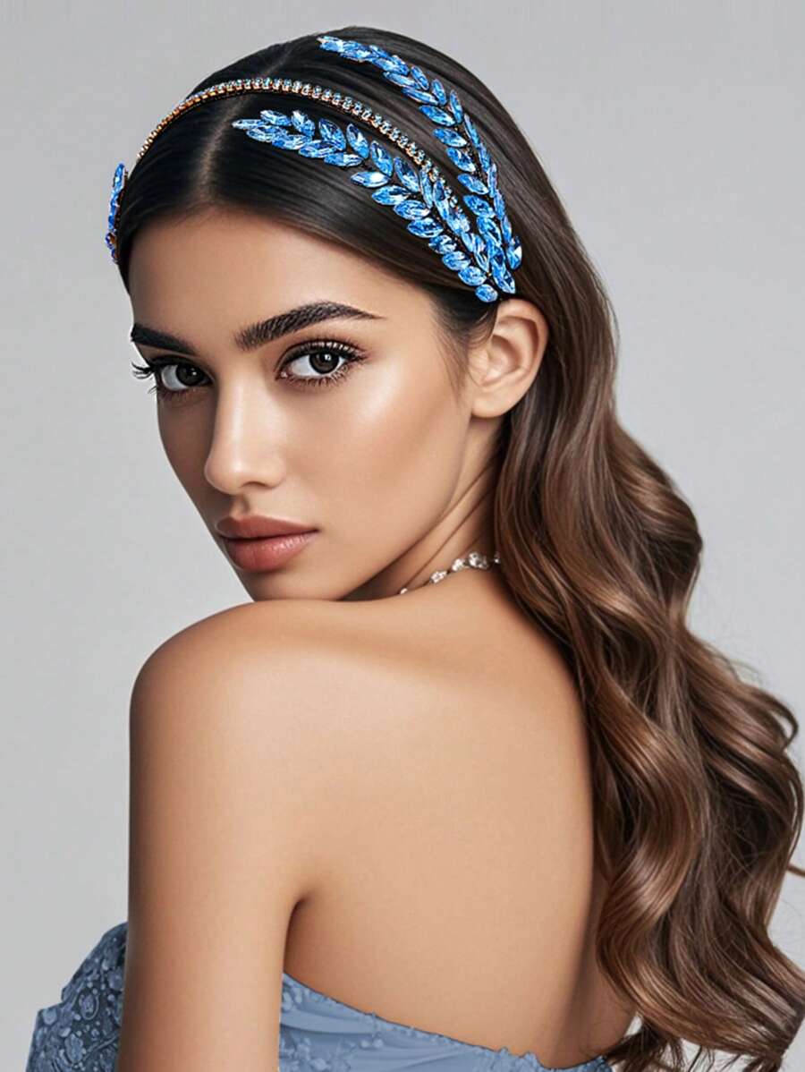 Diadema de estilo chino hecha a mano de hoja azul con decoración de rhinestones de moda