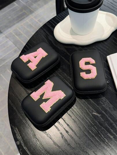 1pc Zipper Alphabet Letter Embroidery Cable Organizer Bag, Purple Pattern On Black Background For Data Cable/Charger/Earphone Storage, Portable