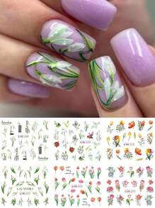 12 Styles Design Tulip Flower 1pc Nail Art Stickers, Plant Blooming Snowdrops Floral Leaf Sliders Gift Wedding Nails Water Transfer Decals Design Manicure Charm Decoration (Without Viscosity)