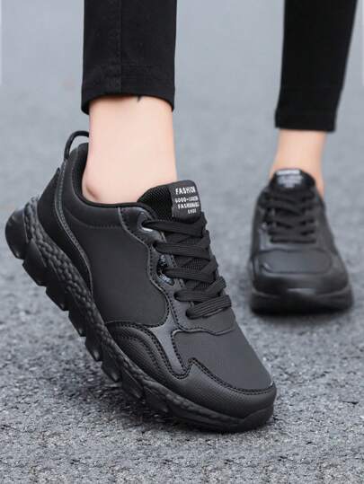 女士多功能舒适厚底运动鞋 - 时尚纯色、合成皮革、防滑低帮休闲跑鞋、合成皮革鞋面、适合所有季节
