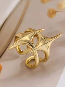 1 件可调节不锈钢 4 爪星形 18K 镀金女士戒指，不褪色，适合日常佩戴和节日礼物 - 雙芒星戒指 - 查看 4