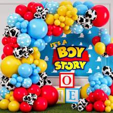 102 piezas Juego de arco de guirnalda de globos, arco de globos de látex con estampado de vaca en rojo, amarillo y azul, perfecto para decorar fiestas de cumpleaños, duchas, y fiestas con temática de dibujos animados de vaqueros