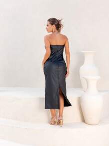 Women's Leather Midi Dress Tube Strapless Strapless Zipper Elegant Classic Modern Chic Clothing Autumn Winter Fashion - 黑色 - 查看 2