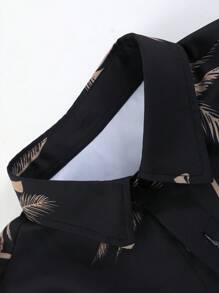 2pcs/Set Men's Casual Regular Outfit: Button-Down Collar Coconut Tree Jacquard Short Sleeve Shirt And Drawstring Solid Color Shorts, Spring/Summer