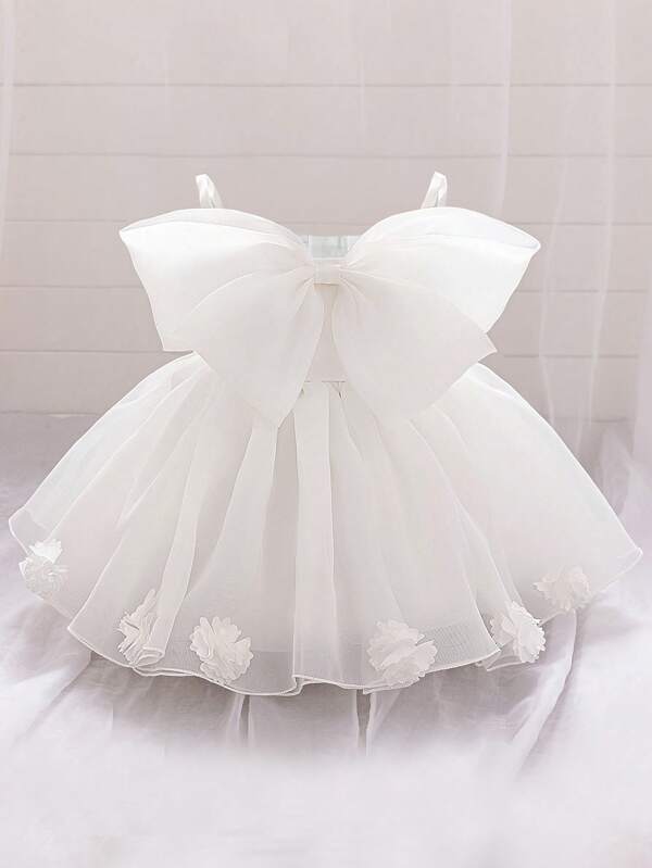 Baby Girls' Spaghetti Strap Bow Organza Cute Puffy Skirt Princess Dress, Suitable For 1st Birthday Party, Excludes Hair Accessories