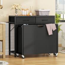 FIONESO Laundry Sorter, Rolling Laundry Hamper With 3 Section Pull-Out Bags, Laundry Basket Organizer With 2 Drawers & 2-Tone Top Panel, Laundry Hamper With Wheels For Laundry Room Organization, Bathroom - 黑色 - 查看 2