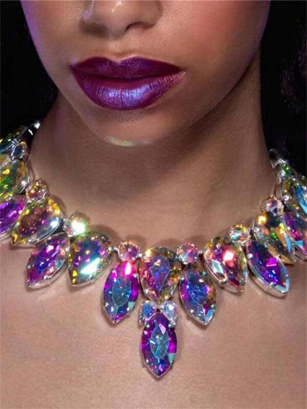 Collar geométrico de gota de agua con multicolor exagerado de strass de moda