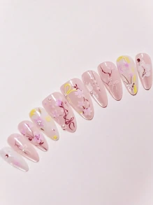 10pcs/Set Reusable Full Cover Almond Shaped Press-On Nails With Cartoon Floral, Branch And Bow Print, Fingertip Sensory Experience