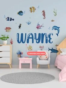 [Élément essentiel pour la rénovation de la chambre d'enfant] Autocollant mural personnalisé avec le nom, autocollant de décoration avec des animaux marins de dessin animé + décoration de chambre d'enfant personnalisée, autocollant commémoratif du nom de bébé, anniversaire, fête des 100 jours, autocollant décoratif pour garderie (amovible) Rentrée des classes
