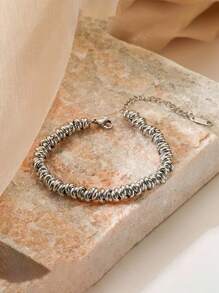 1pc Stainless Steel Beaded Bracelet, Silver Color, Suitable For Daily Wear