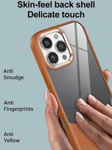 Mirror New High-Quality Matte Simple Fashion Acrylic Transparent Back Plate Colorblock Leather-Texture 2-In-1 Metal Lens Frame Soft Edge Shockproof Full-Covered Phone Case Compatible With Apple 11 12 13 14 15 16 Pro Max Series - Brown - View 5
