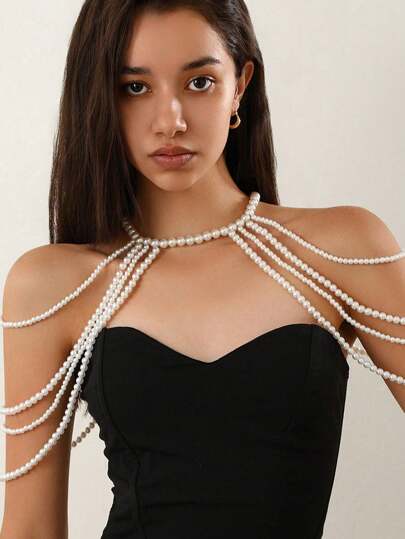 1 Pc Ingemark New In 2025 Bridal Tassel Faux Pearl Shoulder Chain Necklace For Women Elegant Shawl Wedding Jewelry Accessories ,Fashionable Multi-Layer Tassel Retro Style Faux Pearl Shoulder Chain Banquet Charm Women's Body Chain Jewelry