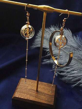 2pcs Moon Geometric Ball Tassel Pendant Earrings, Gold-Tone Acrylic, Elegant & Fashionable For Women, Party, Daily Outfit Accessories