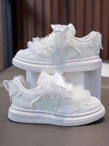 1 双女童夏季镂空网眼透气白色运动鞋，儿童公主运动休闲平底鞋 - 白色 - 查看 2