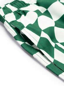 Men's Checkered Print Drawstring Waist Casual Beach Shorts - Green - View 5