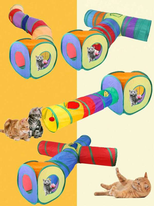 Pet Cat Tunnel, Rainbow 3-Way Cat Toy Tunnel With 'S' Exit For Fall/Winter Interactive Play, Foldable 4-Way Cat Play Tunnel
