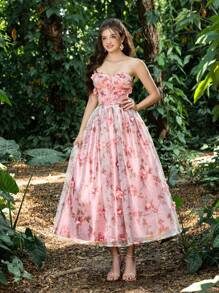 Faeriesty Princess Beauty Luxury Strapless A-Line Evening Gown With 3D Floral Embroidery & Adjustable Back Tie Closure - Formal Dresses For Gala Dinners, Wedding Receptions, Red Carpet Events