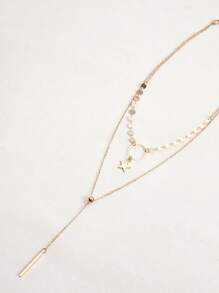 1pc Fashionable Gold Chain Round Disc Star Tassel Pendant Necklace, Layered Hipster Necklace
