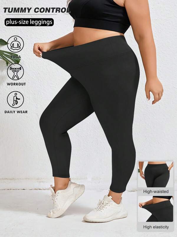 Leggings para mulheres Plus Size-Cintura alta Controle de barriga Calças de ioga macias para treino Corrida Leggings femininas Plus Size até o joelho e comprimento total CasualWear