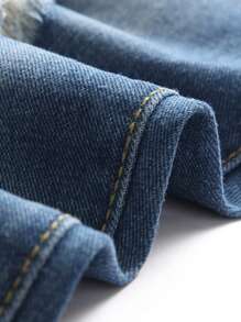 男士水洗蓝色刺绣做旧磨边时尚街头紧身牛仔裤，emo 风格 - 藍色 - 查看 6