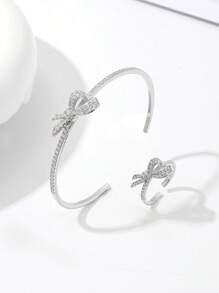 1Set Versatile Bow-Knot Rhinestone Bracelet & Ring Set, Luxurious Gift For Women