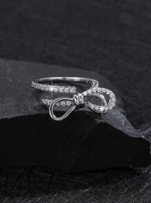 1pc Stylish & Elegant Simple Copper Inlaid Crystal Bowknot Open Ring - Silver - View 3