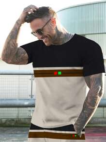 男士休闲涤纶套装 - 圆领 T 恤和短裤套装，条纹拼色印花，轻微弹力针织面料，常规款式，带抽绳和口袋，夏季时尚套装