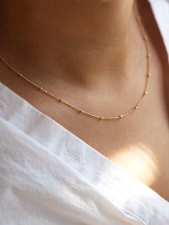 不锈钢防水不褪色金色单链串珠链项链，适合女性日常佩戴和分层佩戴