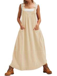 Women's Barrel Midi Dress Loose Adjutable Strap Big Pockets Maxi Dress Overall Jumpsuits - 杏色 - 查看 1