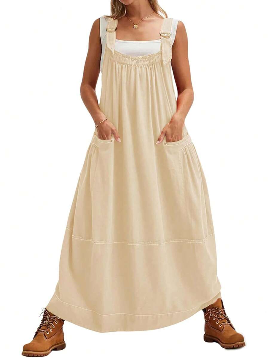 Women's Barrel Midi Dress Loose Adjutable Strap Big Pockets Maxi Dress Overall Jumpsuits - 杏色 - 查看 1