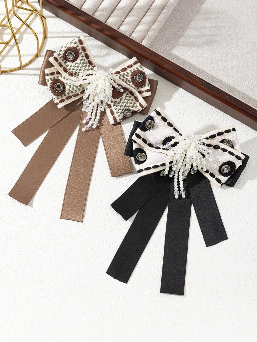 1 件优雅设计的丝带波尔卡圆点花卉流苏仿珍珠蝴蝶面料胸针，奢华珠宝胸针适合日常佩戴，约会礼物 - 經典 - 查看 1