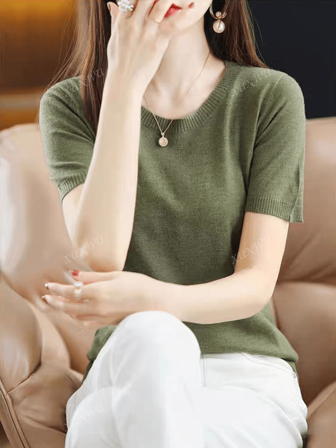 Maglietta donna a maniche corte, girocollo, tinta unita, vestibilità morbida e ampia, snellente, estiva, casual, versatile, a mezza manica, in maglia
