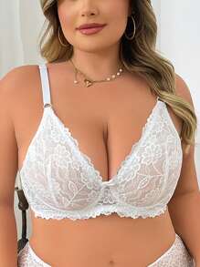 Damen Große Größen Unterwäsche-BH mit Bügel und ohne Fütterung, Lingerie mit Blumenspitzenbesatz, halbtransparente Unterwäsche