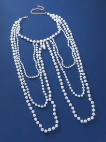 1pc Lightweight Luxurious Multi-Layer Faux Pearl Necklace & Shoulder Chain, Sexy Tassel Versatile Bikini Accessory, Simple High-End Handmade Body Chain For Summer Beach