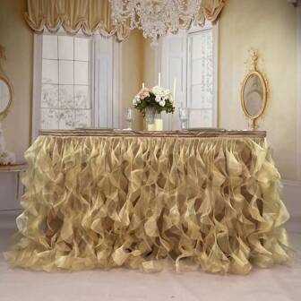 6ft Organza Table Skirt Ruffy Table Skirting Curly Willow Table Skirt For Rectangle Or Round Table Bridal Shower Birthday Wedding Party Banquet Decoration (L 72in, H 30in)