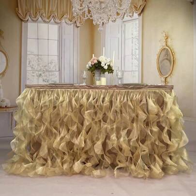 6 英尺欧根纱桌裙 蓬松桌裙 卷曲柳条桌裙 适用于长方形或圆形桌子 新娘送礼会 生日婚礼派对 宴会装饰（长 72 英寸，高 30 英寸）