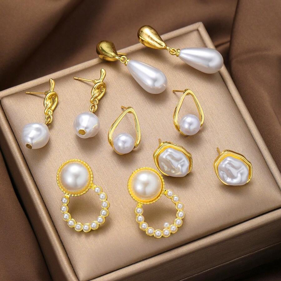 5 对水钻和珍珠镂空耳坠套装