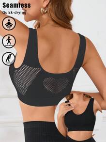 Solid Color Breathable Mesh Yoga Sports Bra With Removable Pads, Shock-Absorbing Wireless