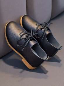 1 双休闲系带软底圆头仿皮鞋，适合儿童，日常百搭一脚蹬，英伦风格，2025 年春秋新品 - 黑色 - 查看 5