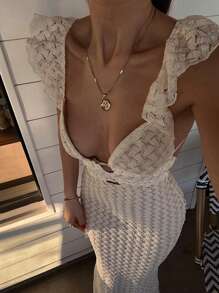 Elegant Women's Sexy V-Neck Lace Knit Semi-Sheer Backless Dress, Boho Style, Spring/Summer - Apricot - View 11